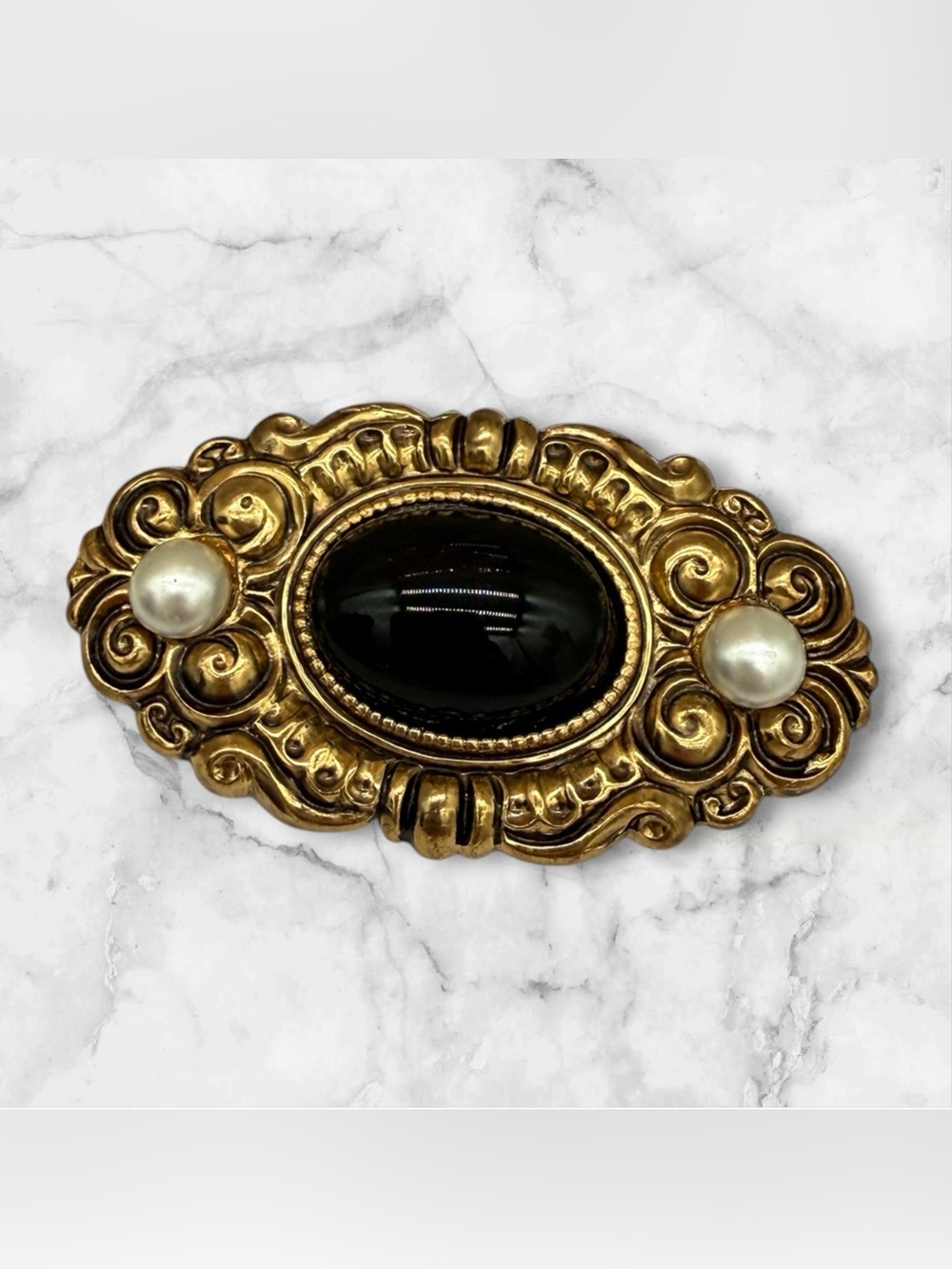 Vintage Gold-Tone Brooch by Vintage with Black Cabochon and Pearl Accents - Picture 1 of 6